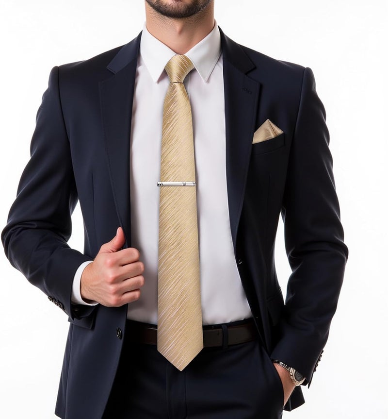 DiBanGu Mens Silk Necktie Solid Color Tie and Pocket Square Cufflink Tie Clip Set Woven Plain Ties for Men Wedding Party - Image 2