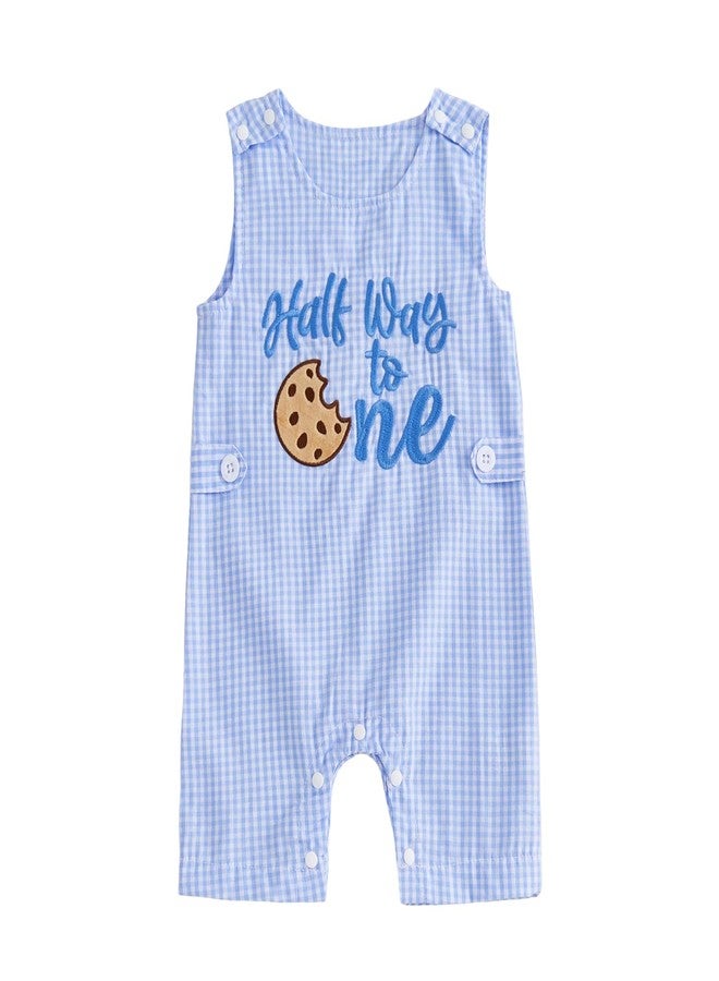 Lamuusaa Half Birthday Outfit Baby Boy Half Way to One Romper Plaid Bodysuit One Piece Jumpsuit Summer Cake Smash Outfit (Blue, 6-12 Months) - Image 1
