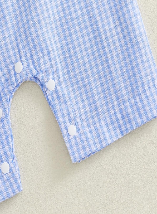 Lamuusaa Half Birthday Outfit Baby Boy Half Way to One Romper Plaid Bodysuit One Piece Jumpsuit Summer Cake Smash Outfit (Blue, 6-12 Months) - Image 5