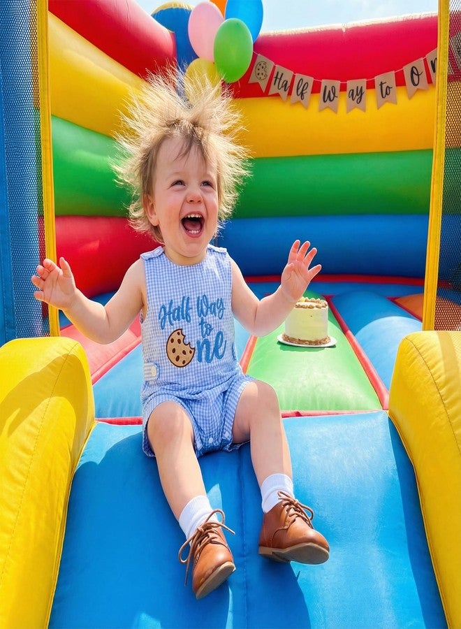 Lamuusaa Half Birthday Outfit Baby Boy Half Way to One Romper Plaid Bodysuit One Piece Jumpsuit Summer Cake Smash Outfit (Blue, 6-12 Months) - Image 3