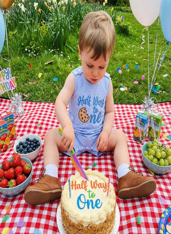 Lamuusaa Half Birthday Outfit Baby Boy Half Way to One Romper Plaid Bodysuit One Piece Jumpsuit Summer Cake Smash Outfit (Blue, 6-12 Months) - Image 2