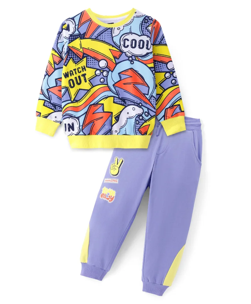 Ollington St. Ollington St. 100% Cotton Knit Full Sleeves Sweatshirt and Joggers Set With Text Print - Multicolor