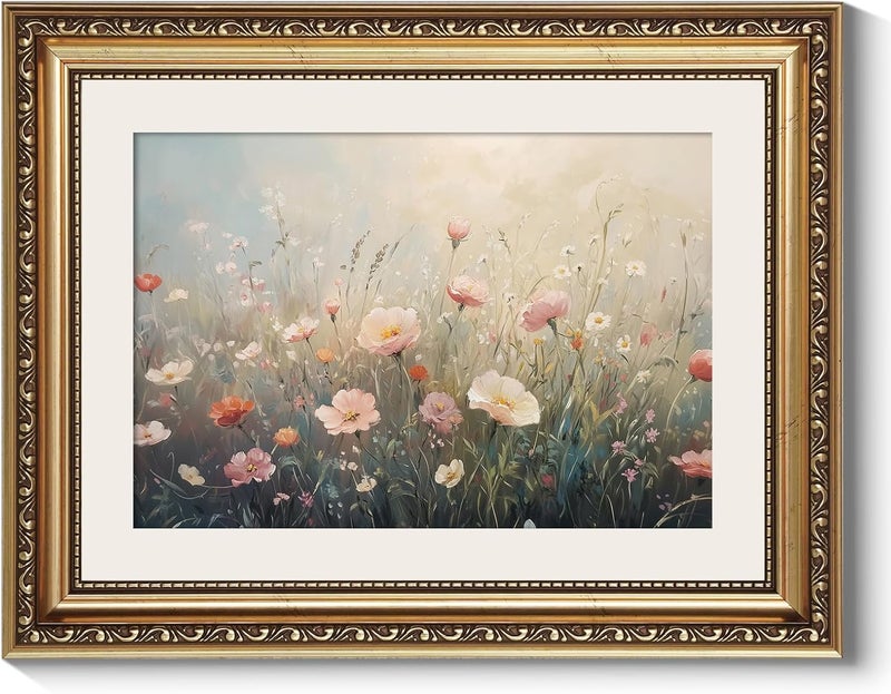 ARPEOTCY ديكور عمل فني جداري مؤطر بإطار ذهبي عتيق، صورة زهور برية ملونة، عمل فني جداري زهري عتيق لغرفة المعيشة وغرفة النوم والمكتب، طبعة كانفاس، ديكور حمام رجعي، 11x14 بوصة - Image 1