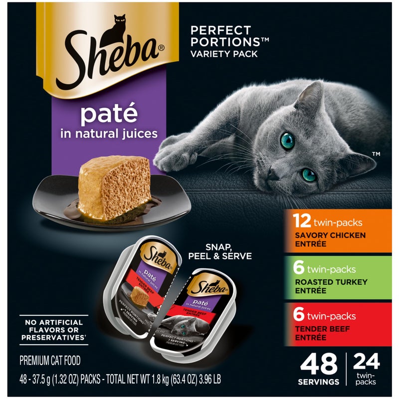 Sheba Perfect Portions Wet Cat Food Pate Savory Chicken Entree, Roasted Turkey Entree, and Tender Beef Entree Variety Pack, 2.6 oz. Twin Pack Trays (24 Count, 48 Servings) - Image 1