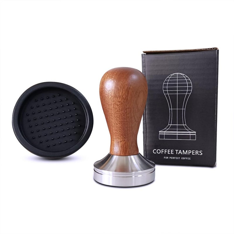 Boicafe 58mm Coffee Tamper Espresso Hand Tamper 304 Stainless Steel Espresso Wooden Handle Coffee Tamper with Mat 58mm