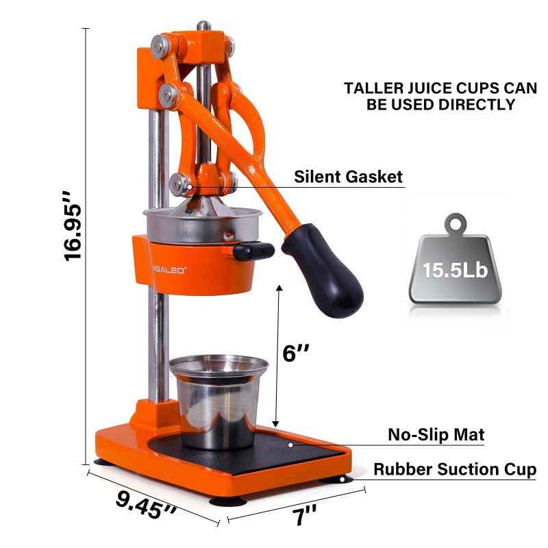 ASIALEO Manual Cast Iron Citrus Juicer,Commercial Hand Press,Heavy Duty Countertop Squeezer for Fresh Orange Lemon Juice,Stable When Pressed,Easy to Use & Clean (Orange) - Image 2