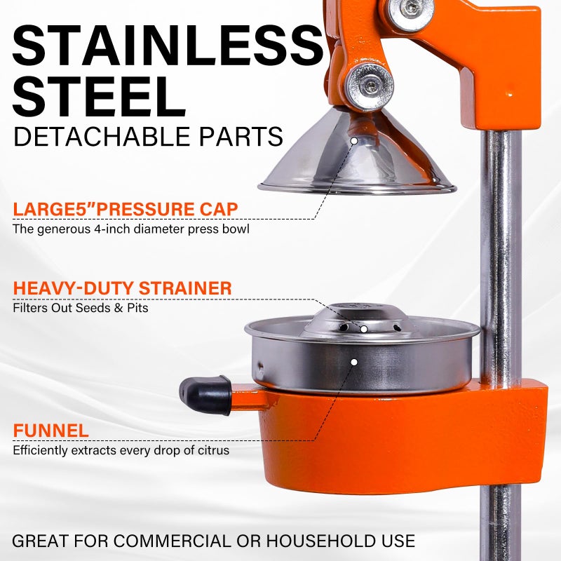 ASIALEO Manual Cast Iron Citrus Juicer,Commercial Hand Press,Heavy Duty Countertop Squeezer for Fresh Orange Lemon Juice,Stable When Pressed,Easy to Use & Clean (Orange) - Image 4