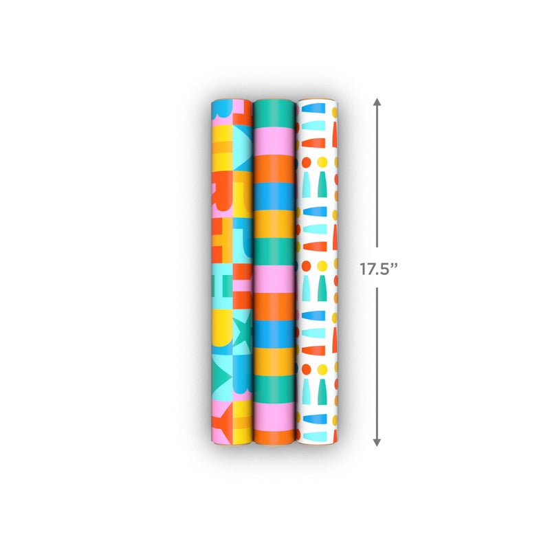 Hallmark Birthday Wrapping Paper Mini Rolls, 3-Pack (Rainbow Block Letters, Stripes, Exclamation Points) for Birthdays, Graduations, Celebrations, Any Occasion - 45 Sq. Ft. Total - Image 3