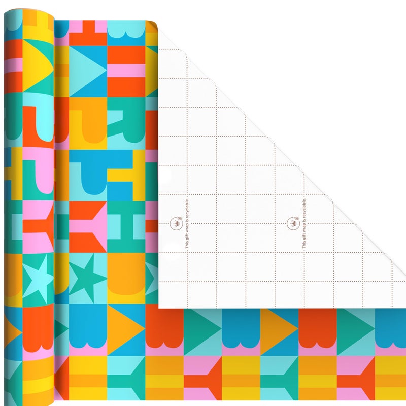 Hallmark Birthday Wrapping Paper Mini Rolls, 3-Pack (Rainbow Block Letters, Stripes, Exclamation Points) for Birthdays, Graduations, Celebrations, Any Occasion - 45 Sq. Ft. Total - Image 4