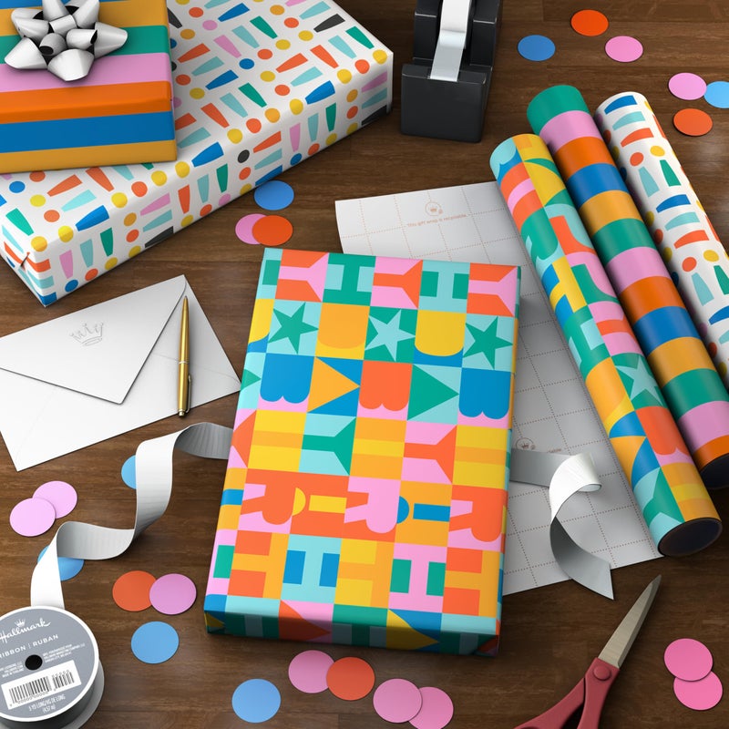 Hallmark Birthday Wrapping Paper Mini Rolls, 3-Pack (Rainbow Block Letters, Stripes, Exclamation Points) for Birthdays, Graduations, Celebrations, Any Occasion - 45 Sq. Ft. Total - Image 2