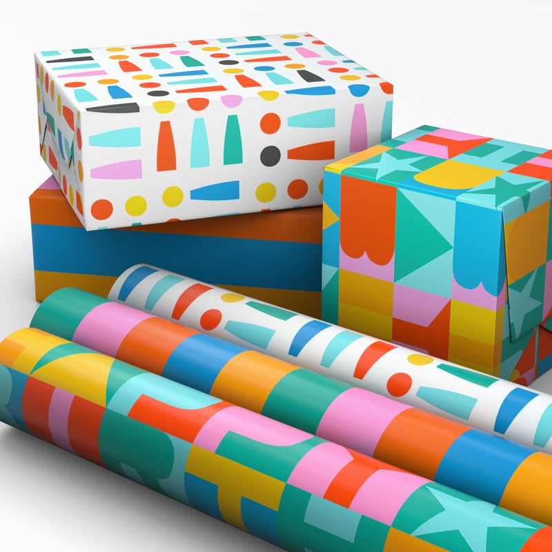 Hallmark Birthday Wrapping Paper Mini Rolls, 3-Pack (Rainbow Block Letters, Stripes, Exclamation Points) for Birthdays, Graduations, Celebrations, Any Occasion - 45 Sq. Ft. Total - Image 1