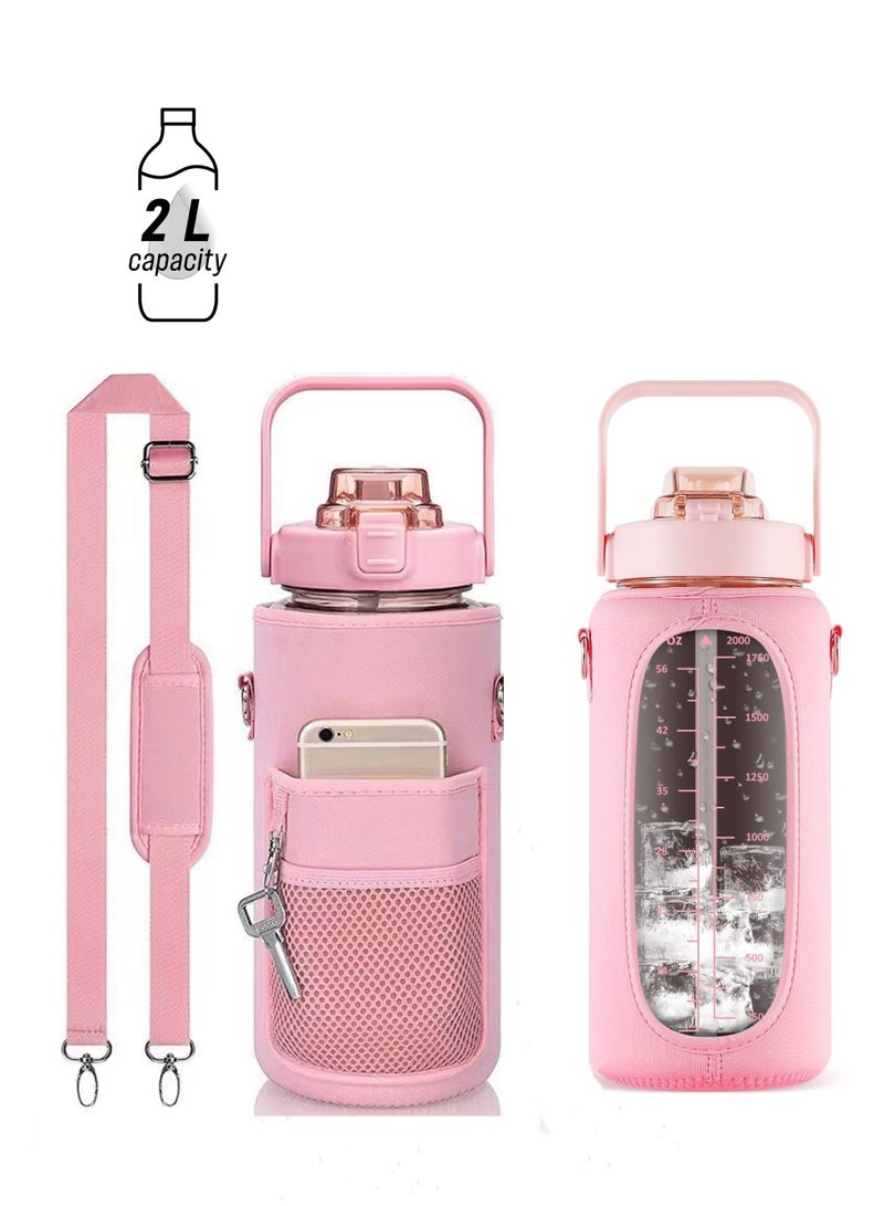 SOLARAE Inspirational Water Bottle with Straw & Time Marker to Drink, Leakproof BPA Free Sport Water Jug, 2000ML Half Gallon Water Bottle with Sleeve for Daily Workout Gym Sport, Pink - Image 1