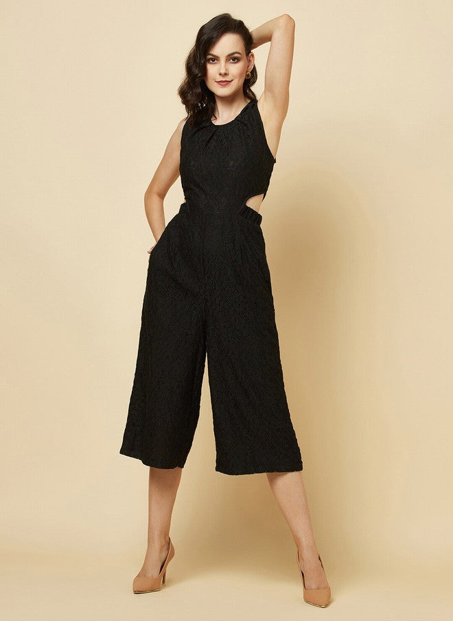 RAASSIO Black Cotton Cut-Out Capri Jumpsuit for Women - Image 1