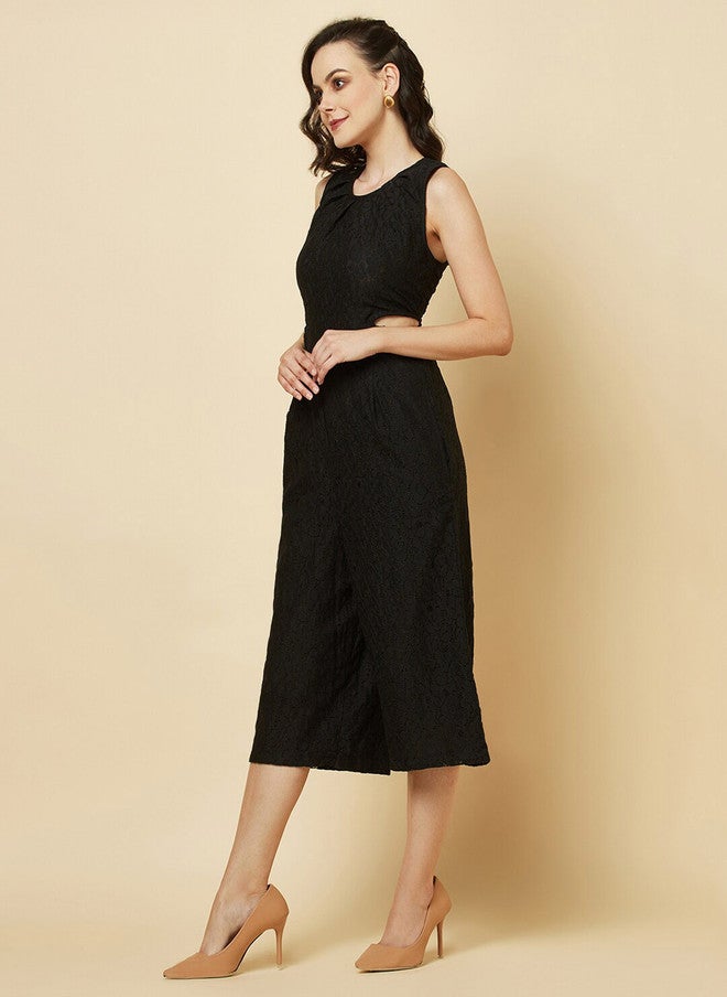 RAASSIO Black Cotton Cut-Out Capri Jumpsuit for Women - Image 4
