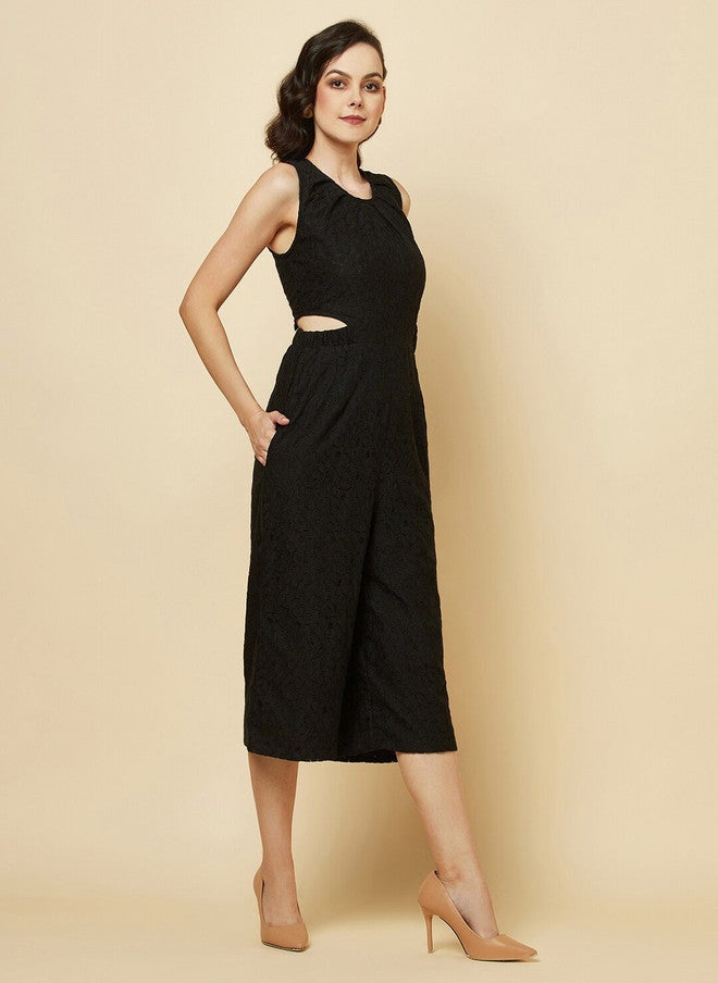RAASSIO Black Cotton Cut-Out Capri Jumpsuit for Women - Image 3