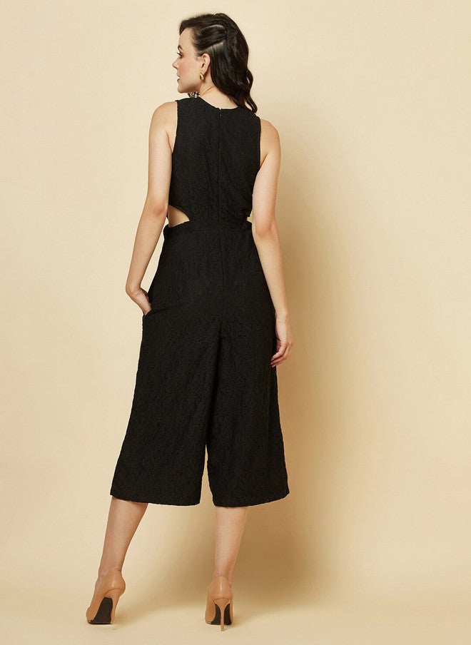 RAASSIO Black Cotton Cut-Out Capri Jumpsuit for Women - Image 5