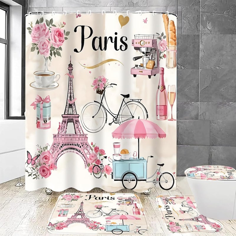 Chrainy 4Pcs Paris Eiffel Tower Shower Curtain Sets Bathroom Set Decor with Non-Slip Rugs Bath U-Shaped Mat Toilet Lid Cover Waterproof Pink Romantic Bathroom Curtains Shower Set with 12 Hooks - Image 1