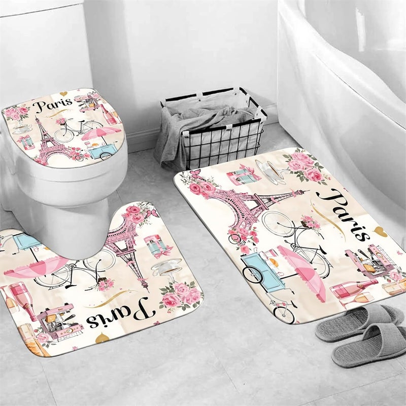 Chrainy 4Pcs Paris Eiffel Tower Shower Curtain Sets Bathroom Set Decor with Non-Slip Rugs Bath U-Shaped Mat Toilet Lid Cover Waterproof Pink Romantic Bathroom Curtains Shower Set with 12 Hooks - Image 4