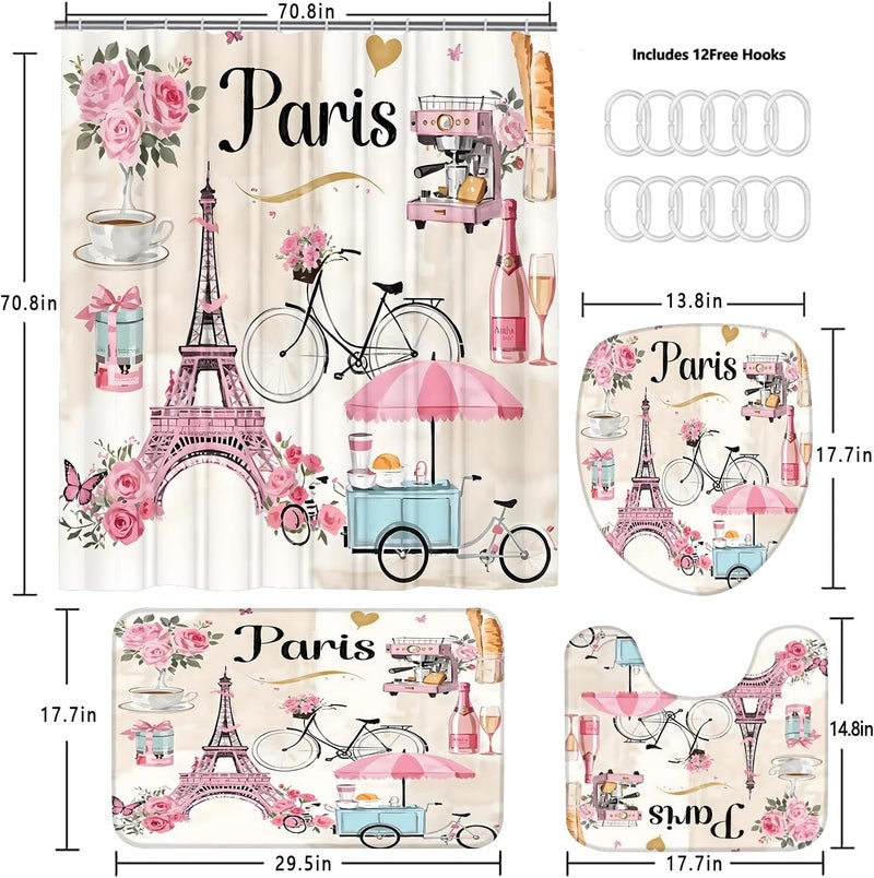 Chrainy 4Pcs Paris Eiffel Tower Shower Curtain Sets Bathroom Set Decor with Non-Slip Rugs Bath U-Shaped Mat Toilet Lid Cover Waterproof Pink Romantic Bathroom Curtains Shower Set with 12 Hooks - Image 5