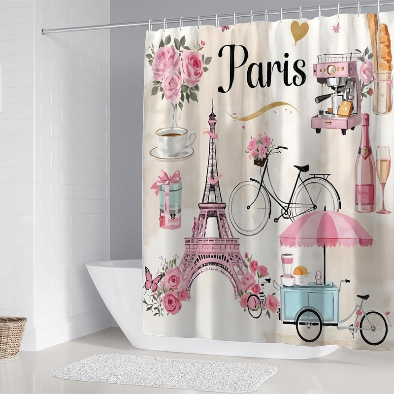 Chrainy 4Pcs Paris Eiffel Tower Shower Curtain Sets Bathroom Set Decor with Non-Slip Rugs Bath U-Shaped Mat Toilet Lid Cover Waterproof Pink Romantic Bathroom Curtains Shower Set with 12 Hooks - Image 2