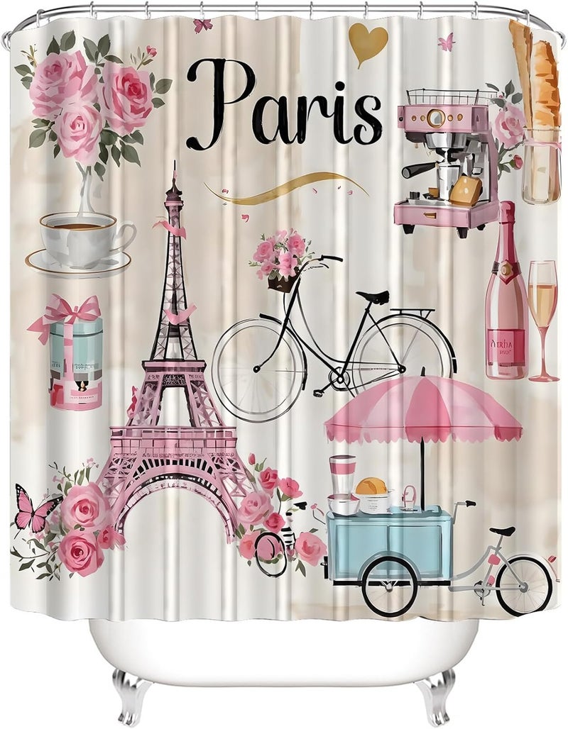 Chrainy 4Pcs Paris Eiffel Tower Shower Curtain Sets Bathroom Set Decor with Non-Slip Rugs Bath U-Shaped Mat Toilet Lid Cover Waterproof Pink Romantic Bathroom Curtains Shower Set with 12 Hooks - Image 3