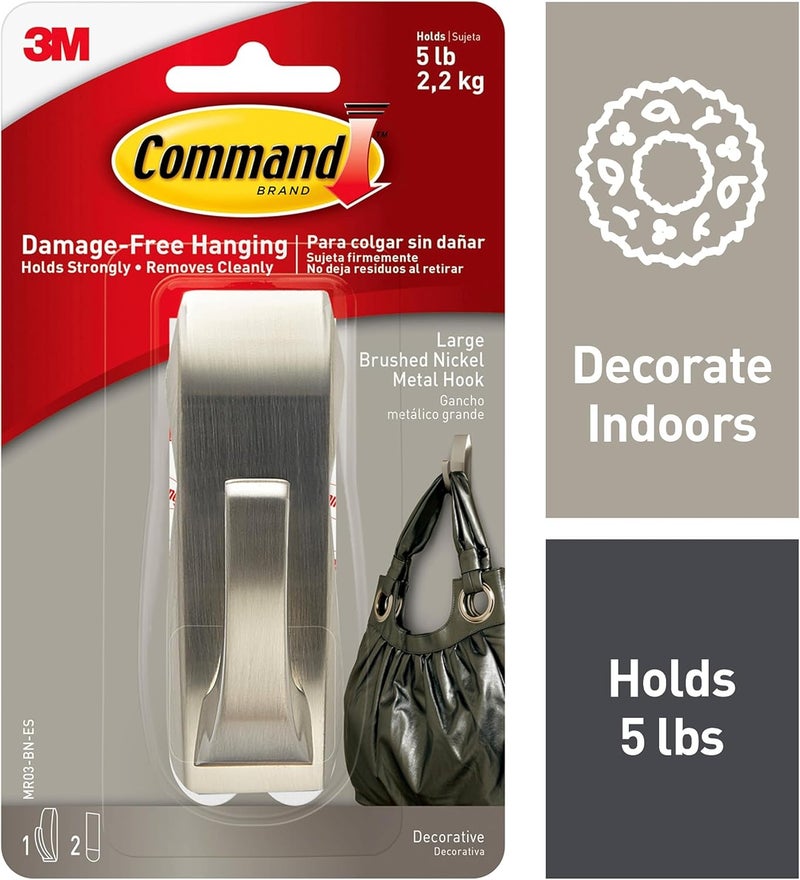 Command خطاف معدني حديث كبير مع انعكاسات، نيكل مصقول، 1 خطاف، 2 شريط، تزيين بدون تلف - Image 2