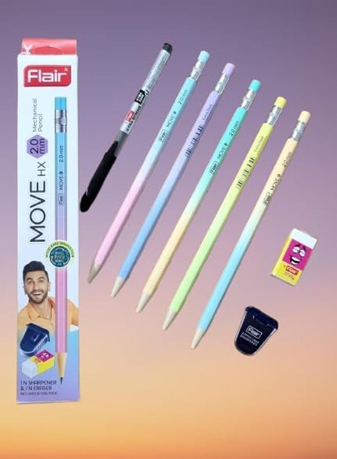 FLAIR MOVE HX 2.0mm Mechanical Pencil| Strong Extra Dark 2B Lead, Multicolor Body| Refillable, Easy To Sharpen, Wood Free| Includes 20 Pencils, 2 Pro-Sharp Sharpeners & 2 Erasers| Characters May Vary - Image 5
