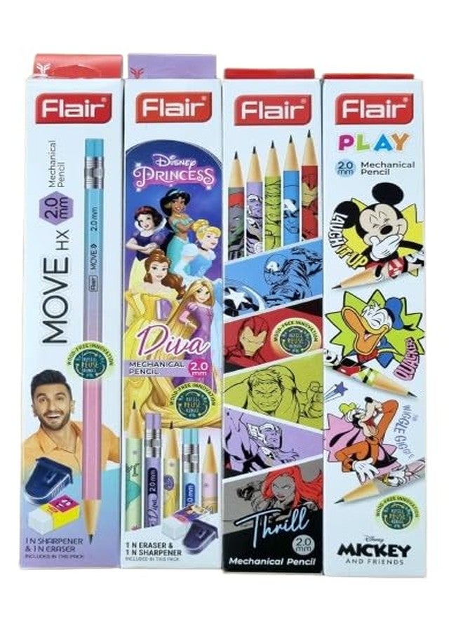 FLAIR MOVE HX 2.0mm Mechanical Pencil| Strong Extra Dark 2B Lead, Multicolor Body| Refillable, Easy To Sharpen, Wood Free| Includes 20 Pencils, 2 Pro-Sharp Sharpeners & 2 Erasers| Characters May Vary - Image 2