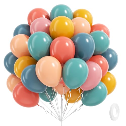 Leraqertra 60pcs Boho Rainbow Balloons Assorted Colors 12inch with Slate Dusty Blue Mustard Yellow Pink Nude Colorful Balloons for Baby Shower Flower Groovy One Two Birthday Party Decorations - Image 1