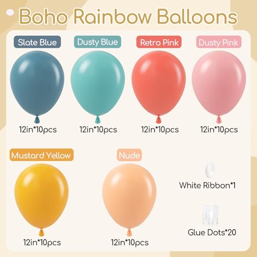 Leraqertra 60pcs Boho Rainbow Balloons Assorted Colors 12inch with Slate Dusty Blue Mustard Yellow Pink Nude Colorful Balloons for Baby Shower Flower Groovy One Two Birthday Party Decorations - Image 5
