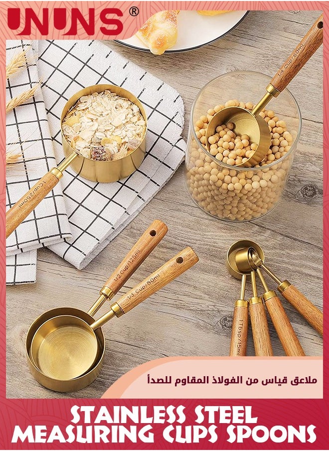 UNUNS 8 Piece Measuring Cups And Spoons Set,Stainless Steel Measuring Cups Spoons With Metric/Us Measurements Wood Handle,Kitchen Baking Tools,Strong Corrosion Resistant Metal Cups  - Image 5