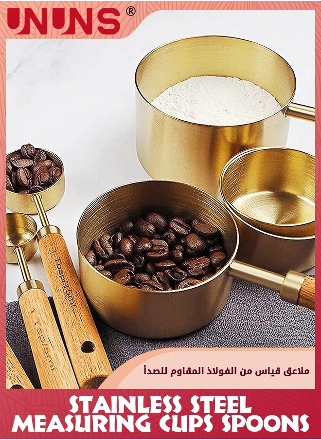 UNUNS 8 Piece Measuring Cups And Spoons Set,Stainless Steel Measuring Cups Spoons With Metric/Us Measurements Wood Handle,Kitchen Baking Tools,Strong Corrosion Resistant Metal Cups  - Image 2
