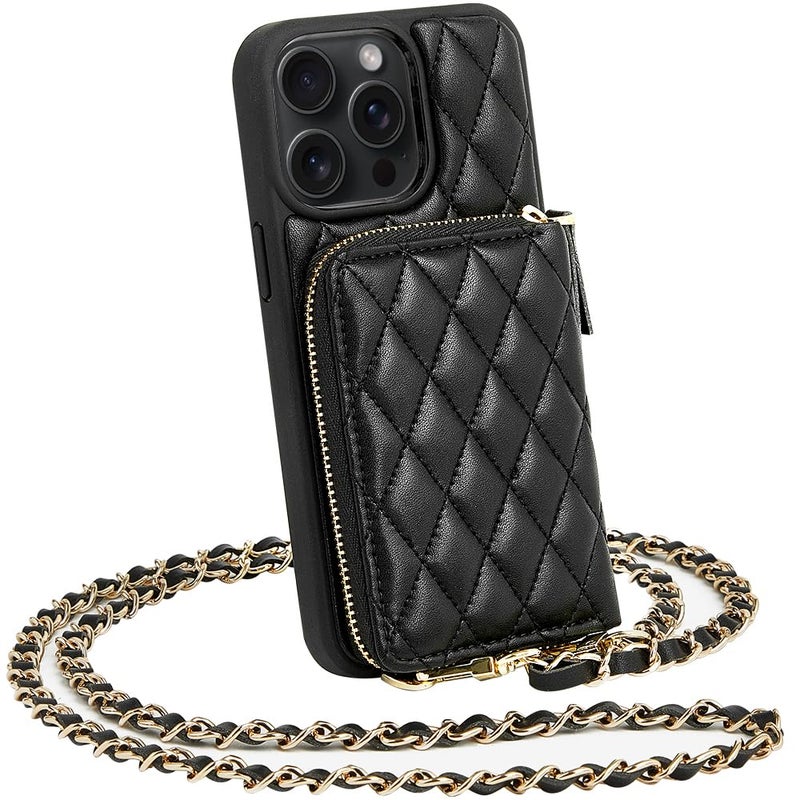 LAMEEKU LAMEEKU Compatible with iPhone 13 Pro Max Wallet Case with Card Holder, Crossbody Chain Case Quilted Leather Lady Handbag Case Compatible with iPhone 13 Pro Max, 6.7 Inch-Black  - Image 1