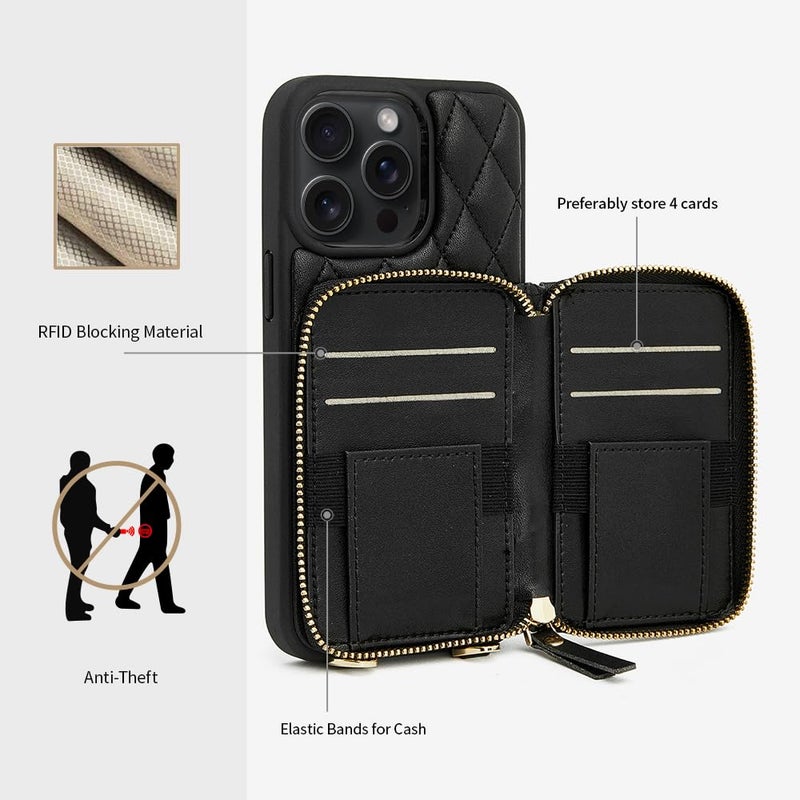 LAMEEKU LAMEEKU Compatible with iPhone 13 Pro Max Wallet Case with Card Holder, Crossbody Chain Case Quilted Leather Lady Handbag Case Compatible with iPhone 13 Pro Max, 6.7 Inch-Black  - Image 3