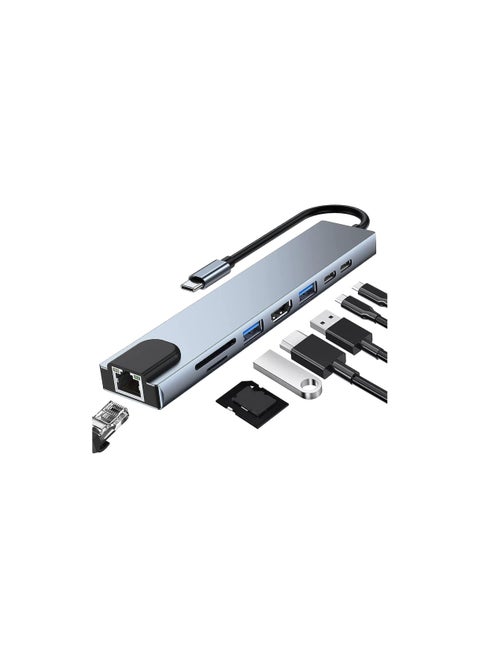8-in-1 USB-C Hub Adapter with 4K HDMI, PD Power Delivery, Ethernet, USB Ports, SD/TF Card Reader – Compatible with Type-C Devices