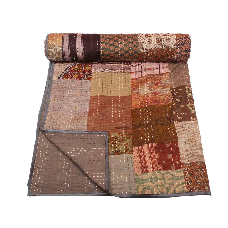 BOHEKANT Handicraft Silk Kantha Quilt Kantha Bed Cover Handmade Kantha Bedspread Kantha Blanket Throw03 Twin 60x90 Inches Single Bed - Image 1