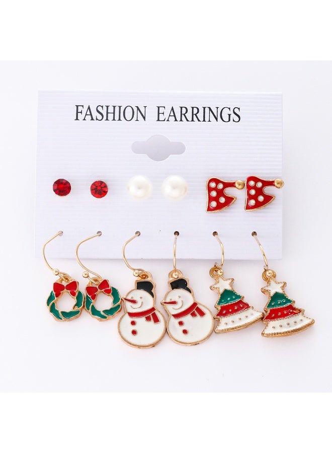 6 Pairs Christmas Series  Snowman and Christmas Tree Earring Set  Cartoon Christmas earrings