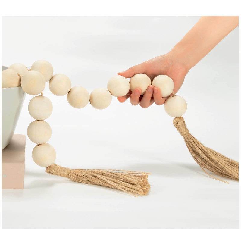 OMISHE 76 Long Extra Large Wood Bead Garland with 16 Diameter Wooden Beads and Tassels Rustic Farmhouse Country Decorative Beads for Home Tiered Tray Decor Natural Beige
