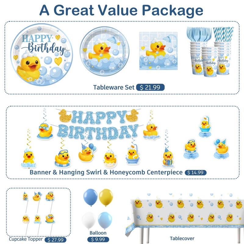 Xynic 210 Pcs Duck Birthday Decorations, Tableware Set with Plates, Duck Cupcake toppers, Napkins, Serves 25, 3 Birthday Candles, 2 Tablecloths, Banner, Balloons, Cups, for Duck Party Decorations - Image 3