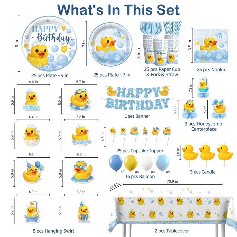 Xynic 210 Pcs Duck Birthday Decorations, Tableware Set with Plates, Duck Cupcake toppers, Napkins, Serves 25, 3 Birthday Candles, 2 Tablecloths, Banner, Balloons, Cups, for Duck Party Decorations - Image 2