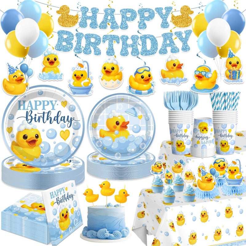 Xynic 210 Pcs Duck Birthday Decorations, Tableware Set with Plates, Duck Cupcake toppers, Napkins, Serves 25, 3 Birthday Candles, 2 Tablecloths, Banner, Balloons, Cups, for Duck Party Decorations - Image 1