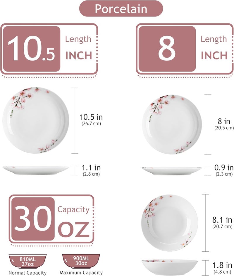 VEWEET 18 Pieces Dinnerware Sets for 6 Porcelain Plates and Bowls Set with Pink Floral Classic Dishes Set Dining Ware for Dinner Microwave and Dishwasher Safe Series ANNIE - Image 2