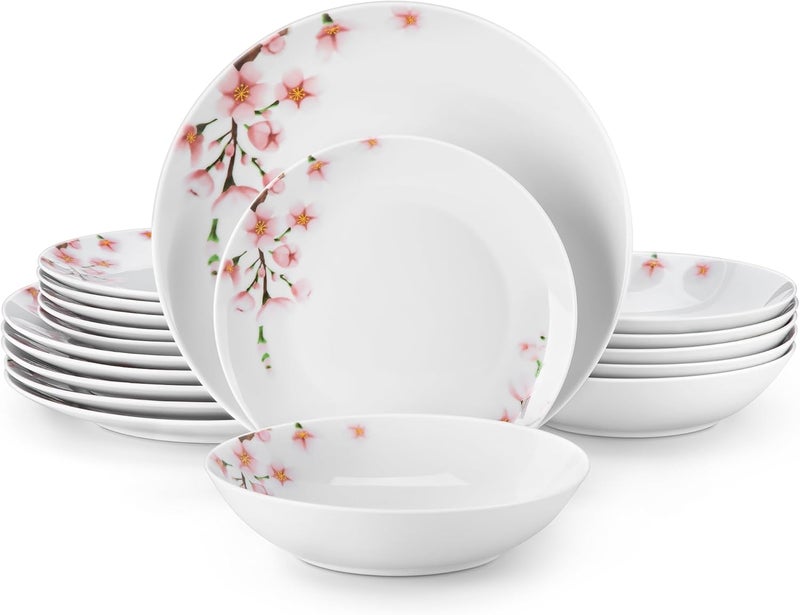 VEWEET 18 Pieces Dinnerware Sets for 6 Porcelain Plates and Bowls Set with Pink Floral Classic Dishes Set Dining Ware for Dinner Microwave and Dishwasher Safe Series ANNIE - Image 1