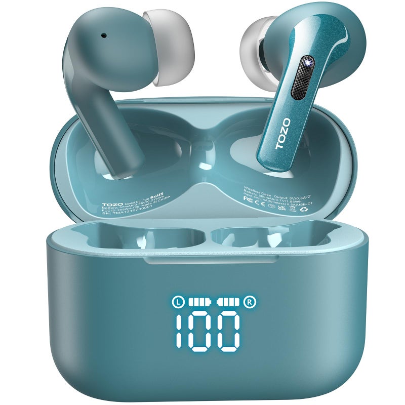 TOZO T20 Wireless Earbuds Bluetooth Headphones 48.5 Hrs Playtime with LED Digital Display, IPX8 Waterproof, Dual Mic Call Noise Cancelling 10mm Broad Range Speakers with Wireless Charging Case Green - Image 1