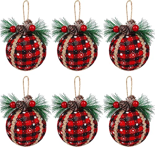 Iceyyyy 6PCS Christmas Plaid Ball Ornaments - 2 Inch Black & Red Buffalo Plaid Fabric Ball Ornaments with Pine Cones and Greenery, Plaid Christmas Tree Hanging Ball Ornaments Festive Decoration - Image 1