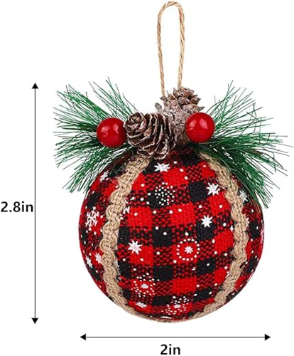 Iceyyyy 6PCS Christmas Plaid Ball Ornaments - 2 Inch Black & Red Buffalo Plaid Fabric Ball Ornaments with Pine Cones and Greenery, Plaid Christmas Tree Hanging Ball Ornaments Festive Decoration - Image 2