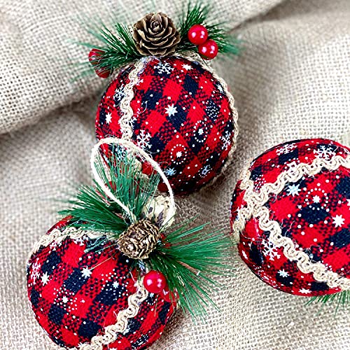 Iceyyyy 6PCS Christmas Plaid Ball Ornaments - 2 Inch Black & Red Buffalo Plaid Fabric Ball Ornaments with Pine Cones and Greenery, Plaid Christmas Tree Hanging Ball Ornaments Festive Decoration - Image 5
