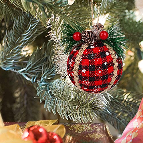 Iceyyyy 6PCS Christmas Plaid Ball Ornaments - 2 Inch Black & Red Buffalo Plaid Fabric Ball Ornaments with Pine Cones and Greenery, Plaid Christmas Tree Hanging Ball Ornaments Festive Decoration - Image 3