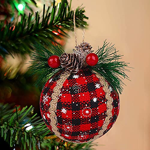 Iceyyyy 6PCS Christmas Plaid Ball Ornaments - 2 Inch Black & Red Buffalo Plaid Fabric Ball Ornaments with Pine Cones and Greenery, Plaid Christmas Tree Hanging Ball Ornaments Festive Decoration - Image 4