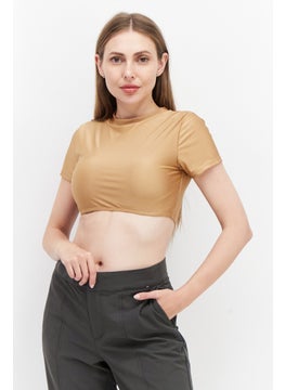 PUBLIC DESIRE Women Round Neck Short Sleeve Plain Crop Top, Tan  - Image 1